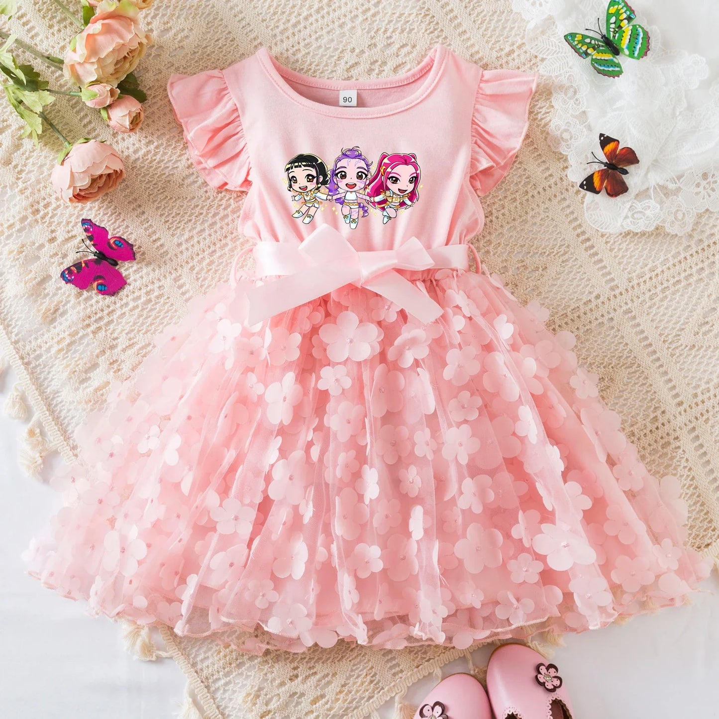 Mira Rumi Girls Summer Dress Cartoon Bow Tutu Dress 3D Butterfly Cotton Party Casual Dress for Baby 2-6 Y