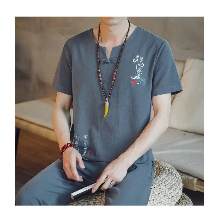 (Shirt + trousers) 2025 summer Chinese Style men shirt Cotton and linen shirts men's High quality casual shirts Two Piece M-5XL