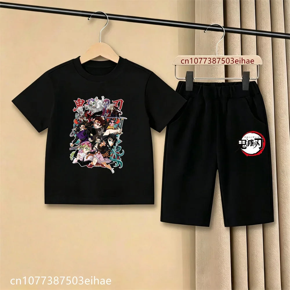 Demon Slayer Ghost Blade Character Print Kids T-Shirt Casual Shorts Anime Comic Design Summer Comfortable Daily Wear Outfit Set