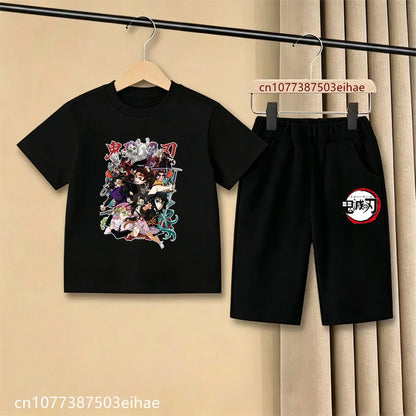 Demon Slayer Ghost Blade Character Print Kids T-Shirt Casual Shorts Anime Comic Design Summer Comfortable Daily Wear Outfit Set