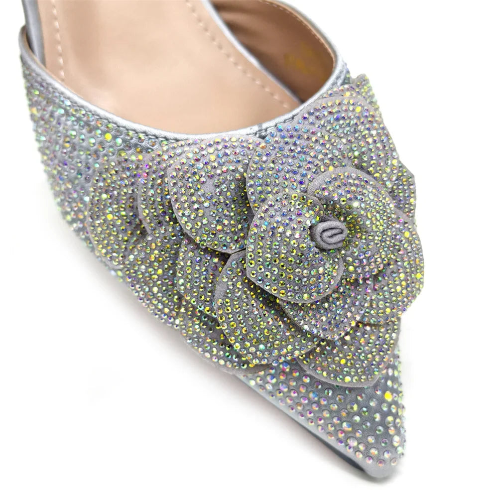 Evening Shoes and Bags Set with Full Diamond Handmade Petal Clutches Pointed Toe Peach Color Mid-Heel Women Shoes
