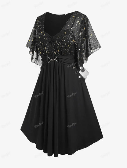 Plus Size Stars Print Buckle Button Pockets Ruched Butterfly Sleeves Dress Deep Blue Women Casual Square Collar Dresses