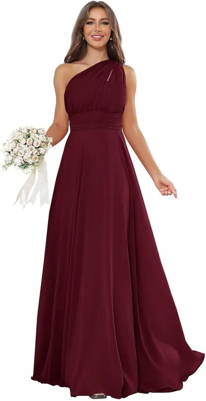 Vestidos de Daminha de Um Ombro para Mulheres Vestido de Noite Formal Longo de Chiffon Plissado Vestidos de Madrinha para Casamentos