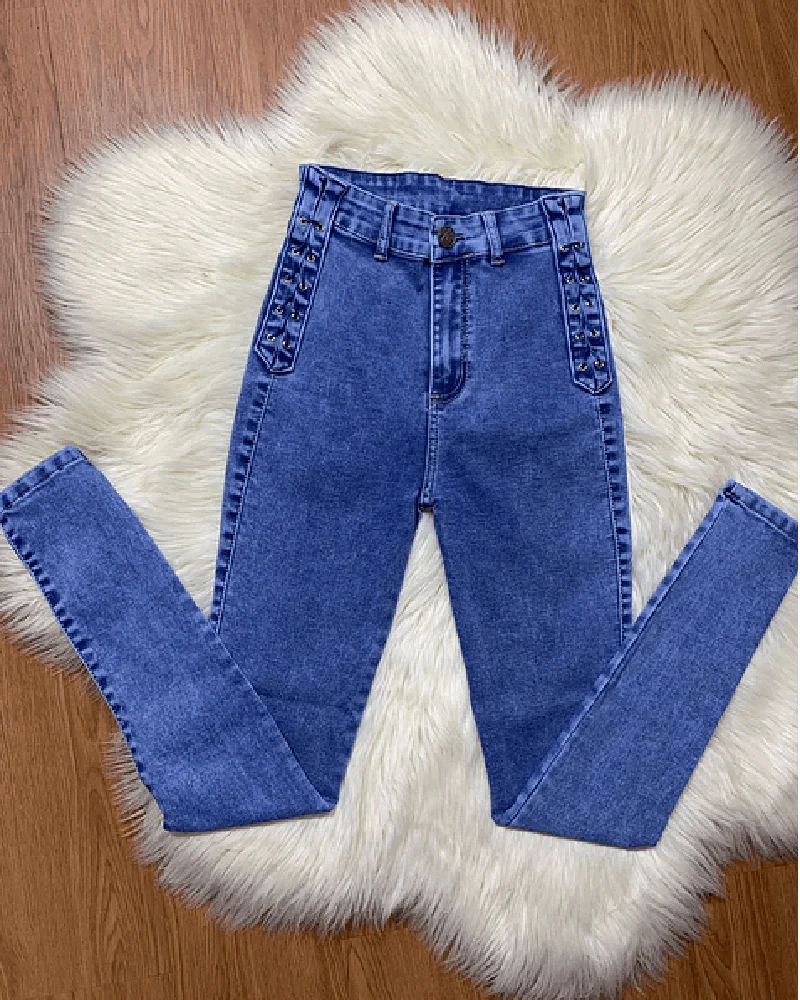 New Curved Fit Pants Distress Jean Women's High Waist Personalized Jeans Trousers