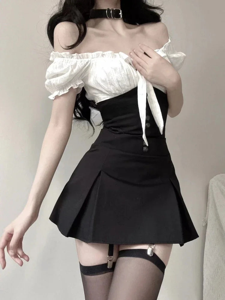 Chic Y2k Two Piece Dress Sets Female Summer Black Bodycon Dress Crop Top Women Party Korean Fashion Even Mini Dress Suits