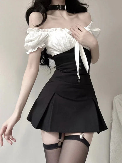 Chic Y2k Two Piece Dress Sets Female Summer Black Bodycon Dress Crop Top Women Party Korean Fashion Even Mini Dress Suits