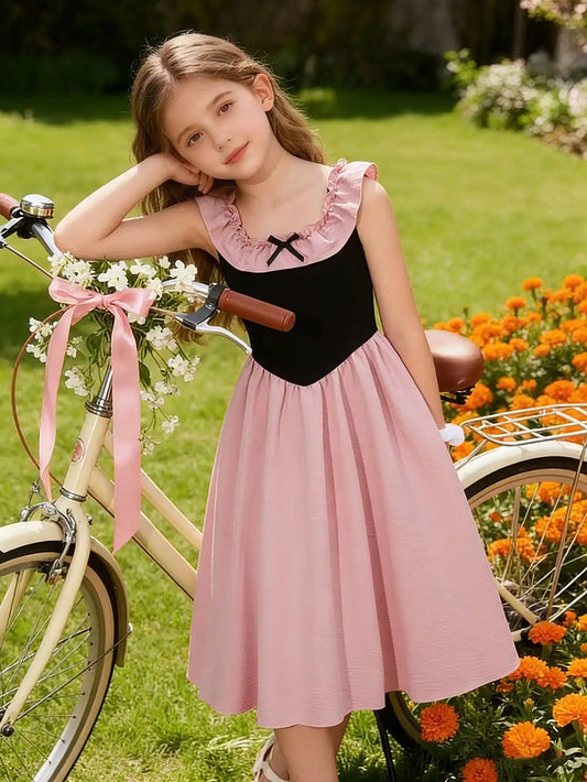 Girls' fashionable and elegant summer dress with outdoor casual square collar design paired with ruffled edge dress