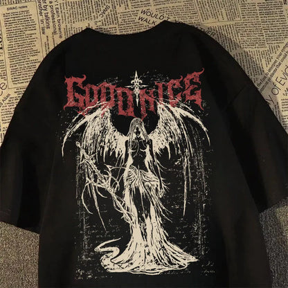 2025 New Heavy Short-sleeved T-shirt American Retro Sword-wielding Angel Printed Short-sleeved Men's and Women's Loose Top