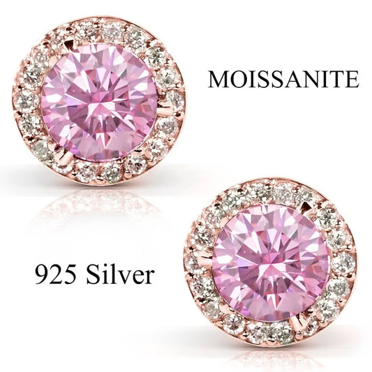 100% moissanite 925 Sterling Silver 6.5mm halo stud earring rose gold  Ear  Jewelry with GRA  pink moissanite earring for women