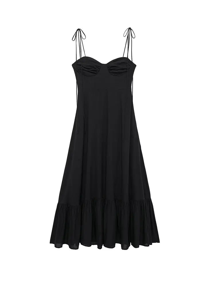 Summer New Woman Dress Spaghetti Strap Sleeveless Backless Lace-Up Zipper Pleats Sweet Beach Style Female Long Dresses