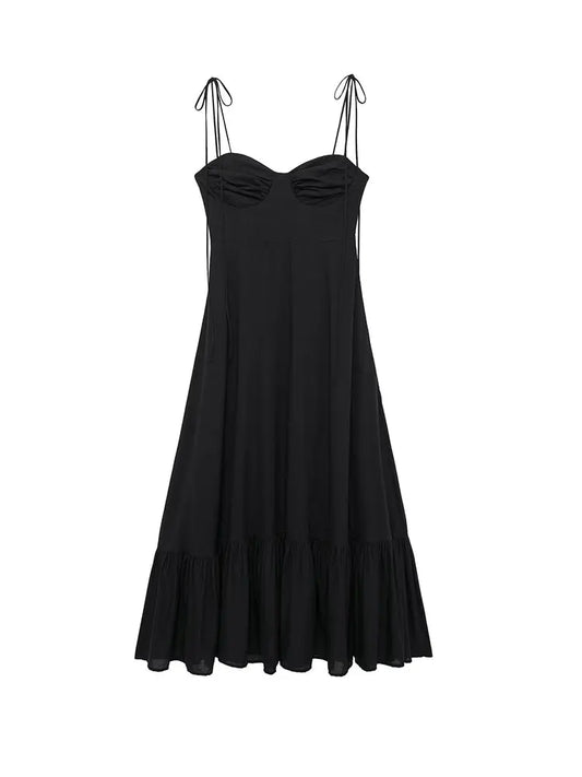 Summer New Woman Dress Spaghetti Strap Sleeveless Backless Lace-Up Zipper Pleats Sweet Beach Style Female Long Dresses