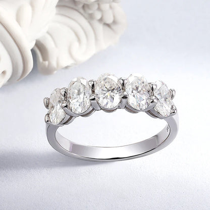 4*6mm Oval Cut Full Moissanite Ring for Women 5 Stone Lab Diamond Half Eternity Band Luxury Jewelry 925 Sterling Silver