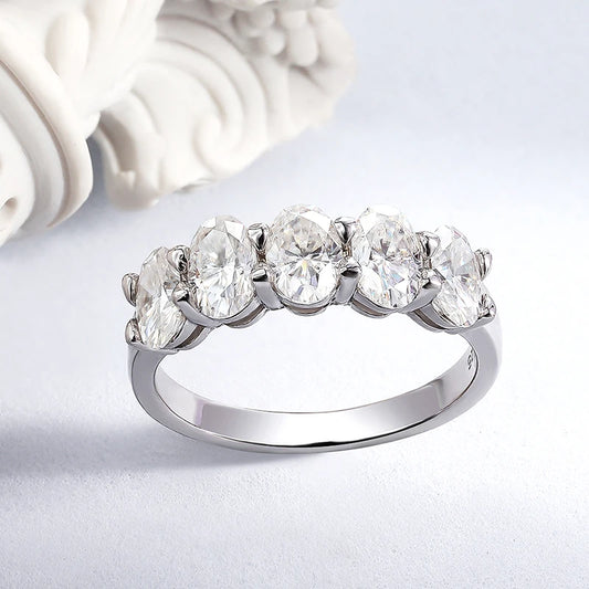 4*6mm Oval Cut Full Moissanite Ring for Women 5 Stone Lab Diamond Half Eternity Band Luxury Jewelry 925 Sterling Silver
