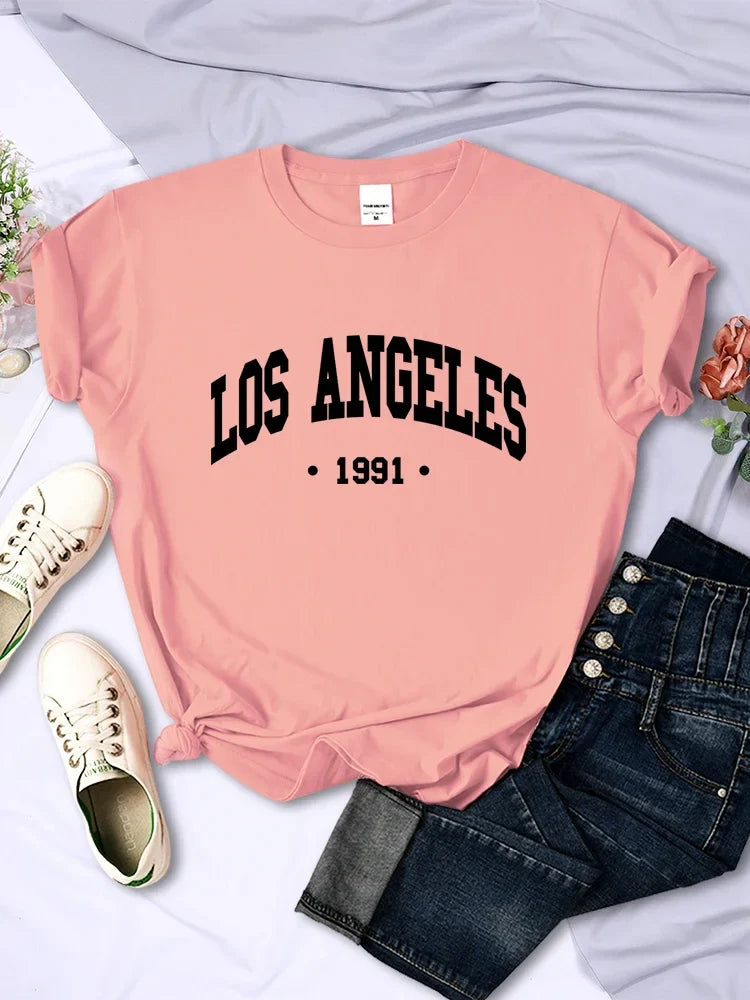 Los Angels 1991 Usa City Letter Printing Women T Shirt Street Summer Tshirt Simple Casual Short Sleeve Breathable Cool T-Shirt