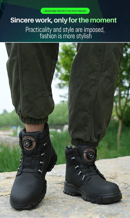 High Top Work Shoes Men Rotary Button Slip Resistant Safety Shoes Water Resistant Work Sneakers Anti-Puncture Anti-smash Shoes