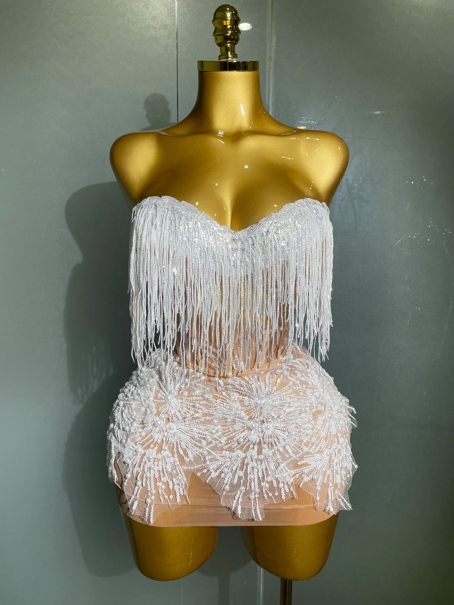 Pearl Sequins Tassel Sleeveless Glitter Mini Dress Women Singer Bar Nightclub Stage Performance Clothing Show Outfit