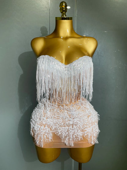 Pearl Sequins Tassel Sleeveless Glitter Mini Dress Women Singer Bar Nightclub Stage Performance Clothing Show Outfit