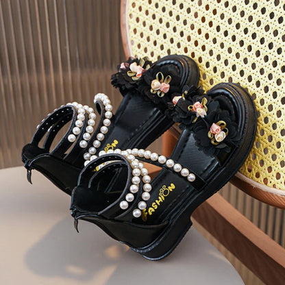 Children's Sandals for Girls Elegant Sandals Pearl Beading Sweet Princess Dress Shoes Kids High-top Roman Sandals Back Zipper