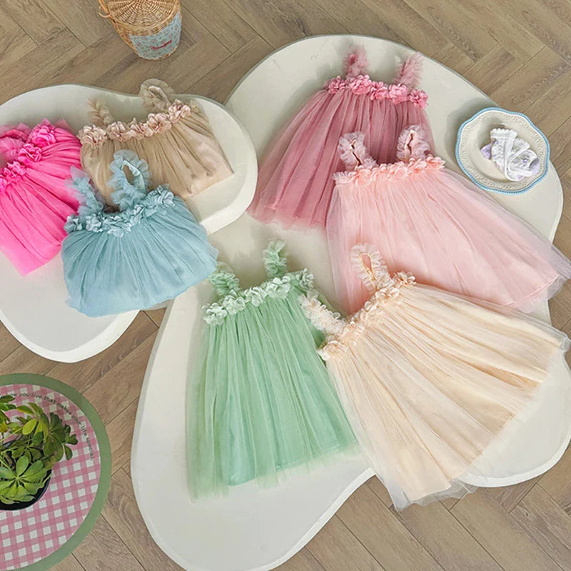 1-6 Y Girls Dresses  3D Flower A Line Dress for Girls Sleeveless Camisole Mesh Dress