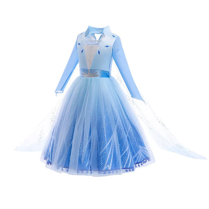 Halloween Girls Elsa Dress With Floor Length Cloak Child Long Sleeve Print Princess Frocks Kids Carnival Party Elegant Gown