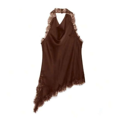 2026 Spring Women Backless Sexy Lace Splicing Halter Neck Top Summer Female Off Shoulder Asymmetrical Satin Camisole