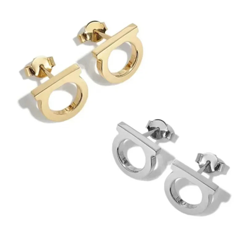 Simple and Luxurious D-shaped Stainless Steel Stud Eearrings Inlaid Sparkling Cubic Zircon Ear Piering Jewelry