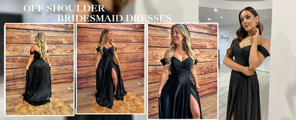 Women's Satin Prom Dresses Long Slit Formal Dresses Off Shoulder Evening Wedding Party Gowns Ruched Sweetheart Lace up Back