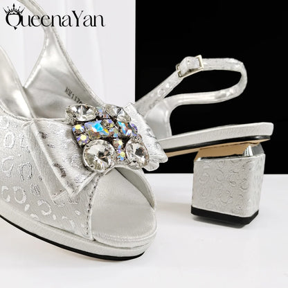 2025 Shiny Italian Fashion Pointed Toe Women Heel Fashion Rhinestone Decoration Pink Color Shoes And Bag Set
