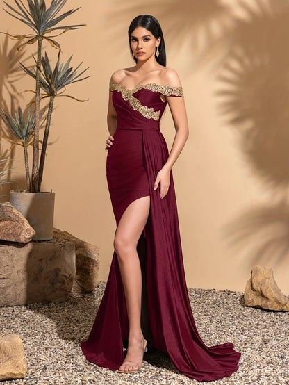 Off-the-shoulder lace neckline, pleated waist and side ribbon slit dress