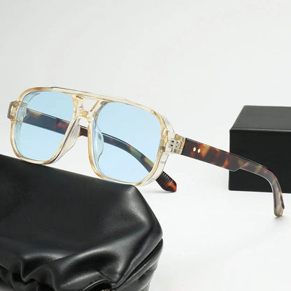 Vintage Double Bridges Men Square Sunglasses Fashion Green Ocean Lens UV400 Eyewear Women Trending Rivets Sun Glasses