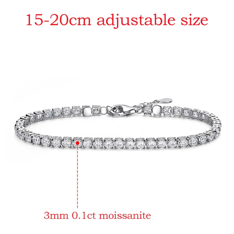 3mm Moissanite Tennis Bracelet for Women Man Full Diamond Adjustable 15-20CM S925 Sterling Silver Jewelry Wholesale