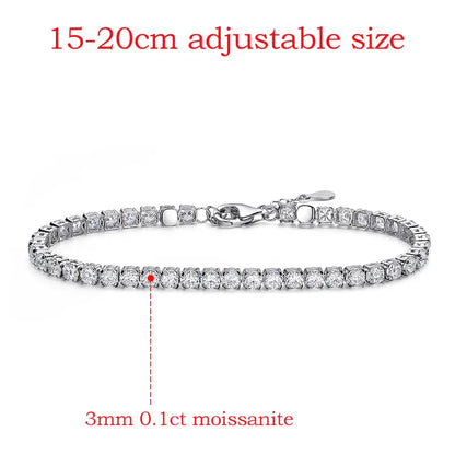 3mm Moissanite Tennis Bracelet for Women Man Full Diamond Adjustable 15-20CM S925 Sterling Silver Jewelry Wholesale