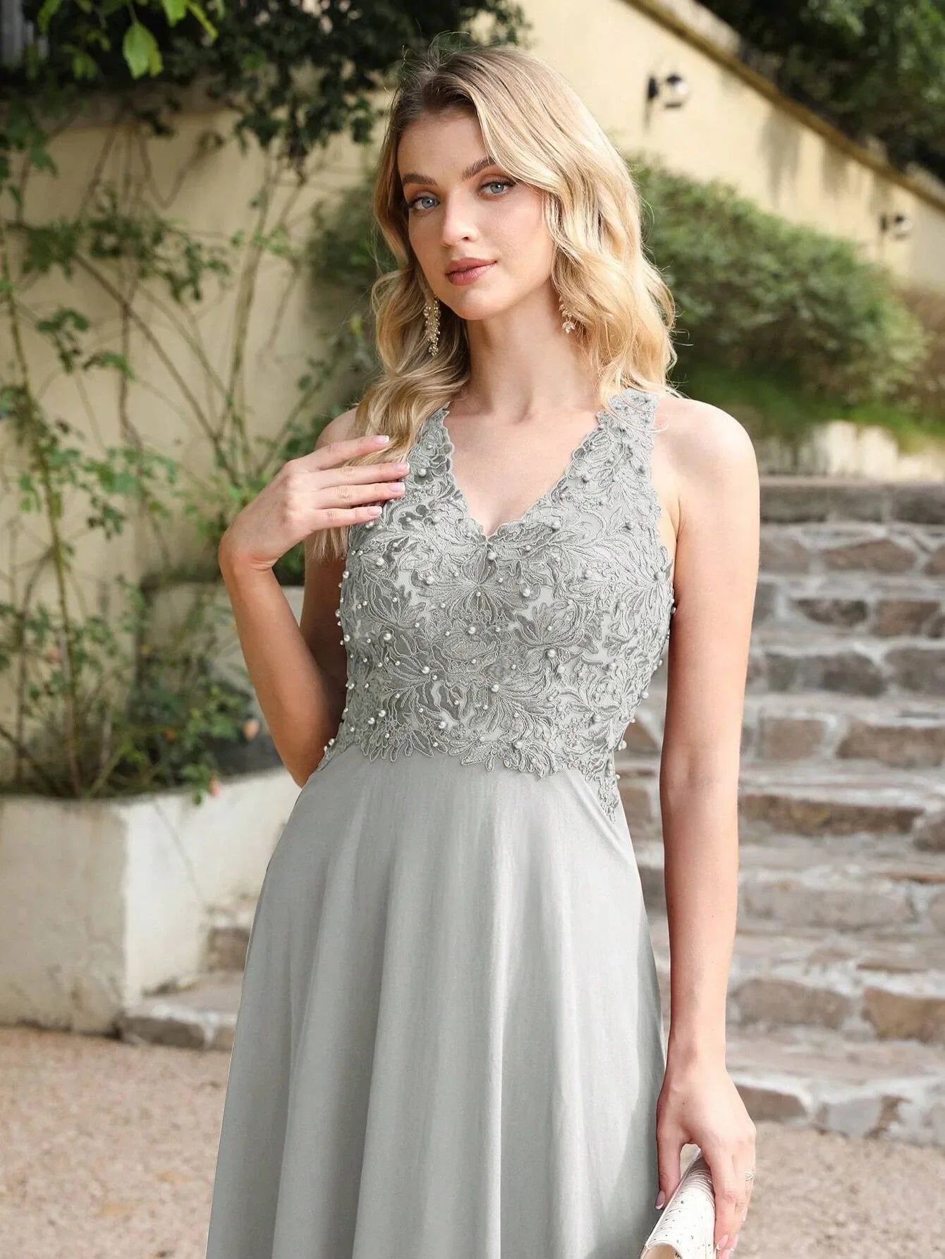 BABYONLINE V-Neckline Lace Pearls Beadings Stones Bodice Prom Dress Sexy Open Back Chiffon A-line Skirt Formal Formal Ball Gown