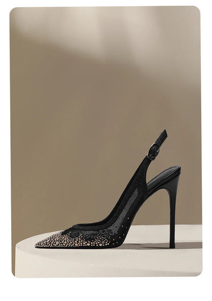 New summer black mesh rhinestone high heels for women, slim heels, shallow toe, sexy sandals with a single buckle strap