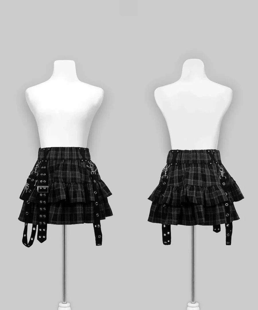 Japanese Style Mine Harajuku Punk Metal Buckle with Packet Decorative Ruffled Short Skirt Sweet Cool Girl Women's Plaid Skirt