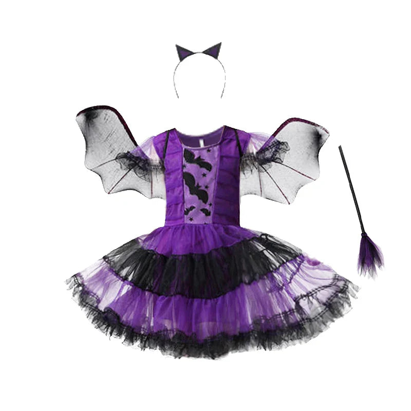 Halloween Costume for Kids Girls Purple Bat Dress Halloween Fantasy Vampire Costume Witch Cosplay Clothes Carnival Party Gifts