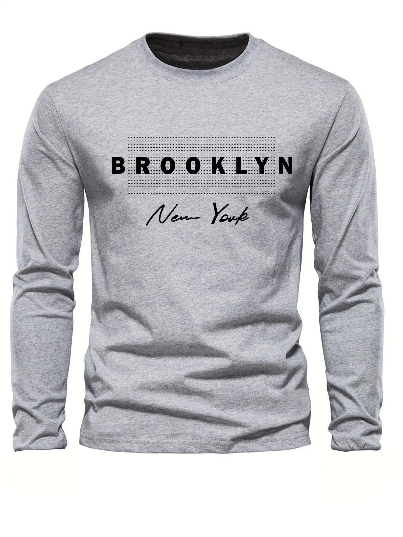 Brooklyn New York Printed Men's 100% Cotton Loose and Comfortable Sports and Leisure Round Neck Long Sleeve T-shirt Top