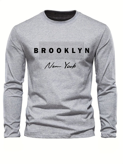 Brooklyn New York Printed Men's 100% Cotton Loose and Comfortable Sports and Leisure Round Neck Long Sleeve T-shirt Top
