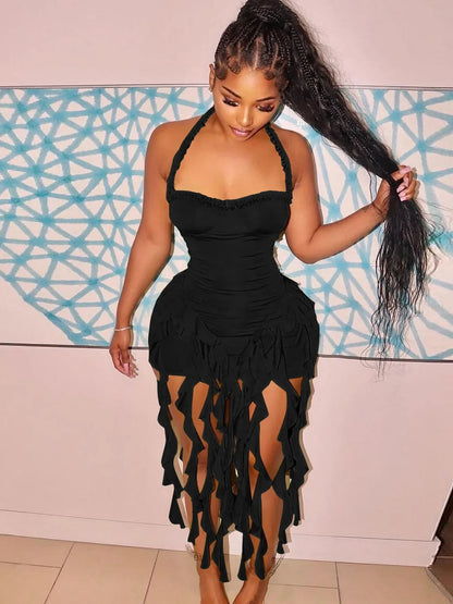 Elegant Halter Solid Ruffles Backless Taseel Sexy Slim Mini Dress Spring Women Cute Outfits Birthday Party Vacation