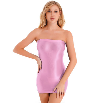 Womens Oil Glossy Strapless Pencil Dress Solid Color Tight Fitting Stretchy Bodycon Mini Dresses Night Club Costume Nightwear