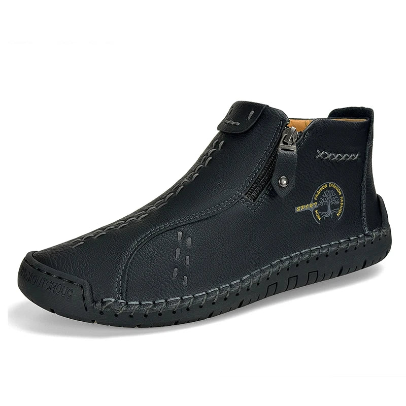 Sapatos Masculinos Clássicos de Couro Feitos à Mão, Design com Zíper, Tênis Esportivos para o Ar Livre, Sapatos Casuais Respiráveis com Elástico, Botas Masculinas de Couro no Tornozelo