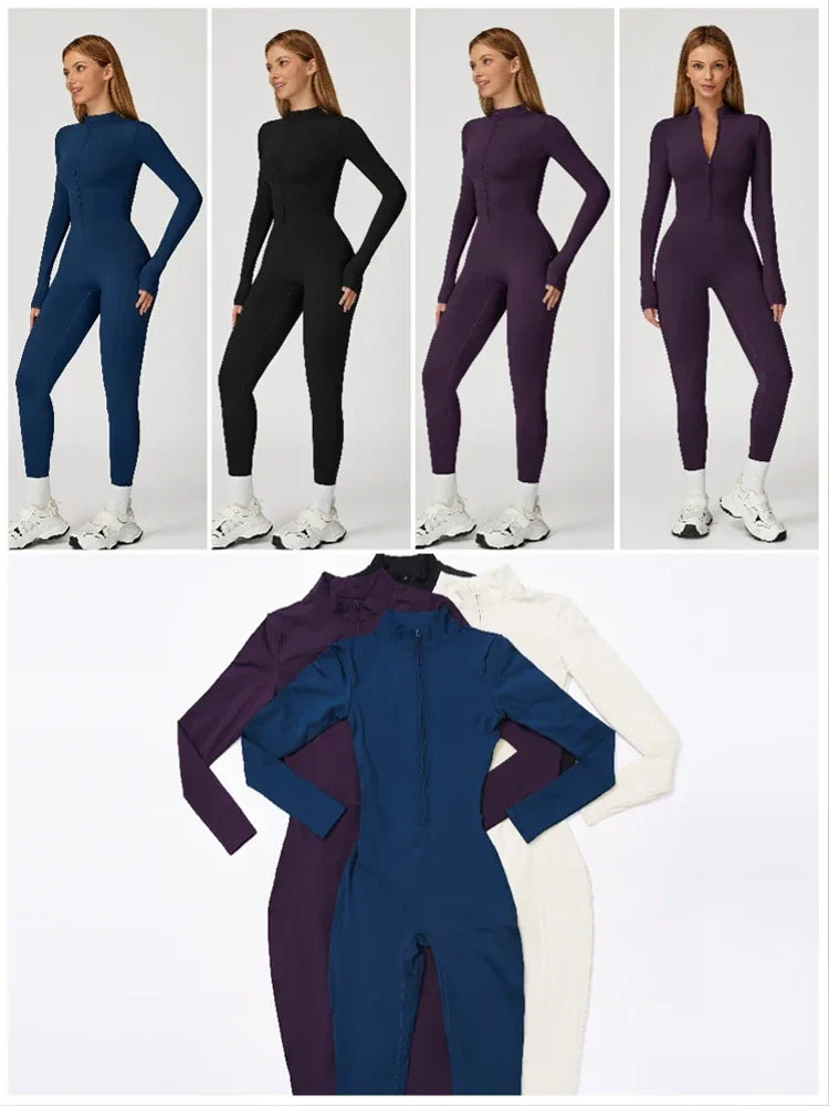 VITALINOVO Women Fleece Lined Workout Jumpsuits Long Sleeve Zip Up Yoga Romper Winter Warm Thermal One Piece Bodycon Bottom Pant
