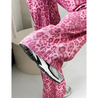 Chic Pink Leopard Print Jeans Girls High Waist Straight Leg Pants