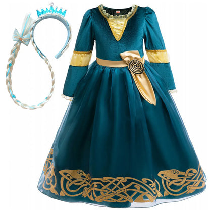 Girl Cosplay Brave the Heart Princess Merida Long Sleeves Dress Belt Set Holiday Party Carnival Party Stage Outfits Dress