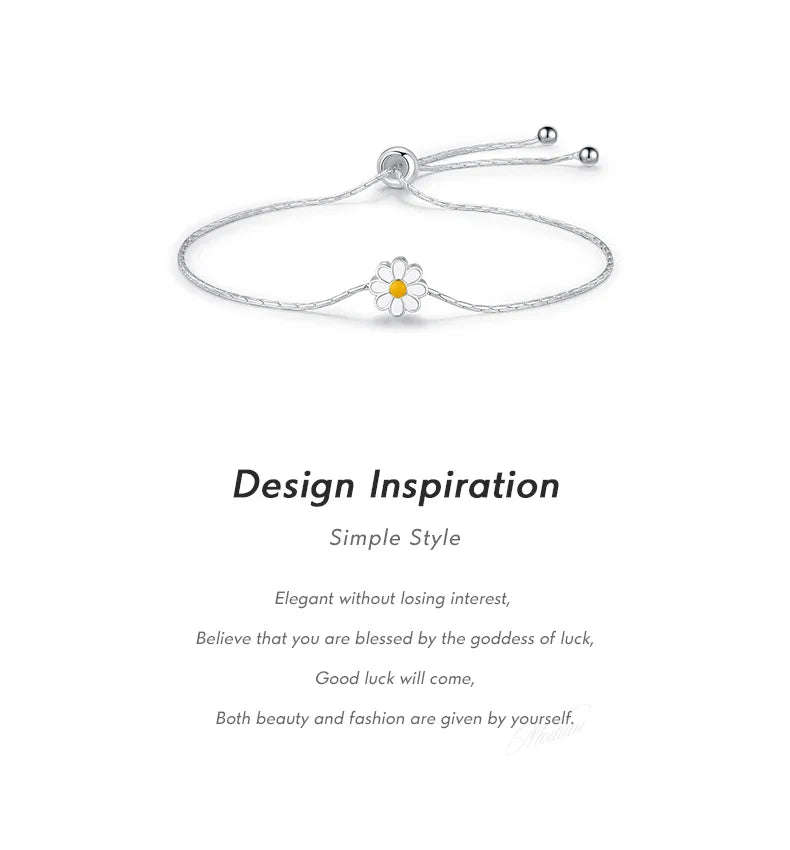 925 Sterling Silver Exquisite Enamel Daisy Flowers Bracelet Trendy Adjustable Snake Chain For Women Valentine’s Day Gifts