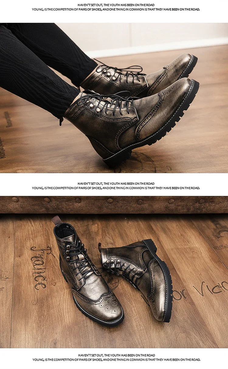 Men Lace-up High Top Brogue Carved Business Boots