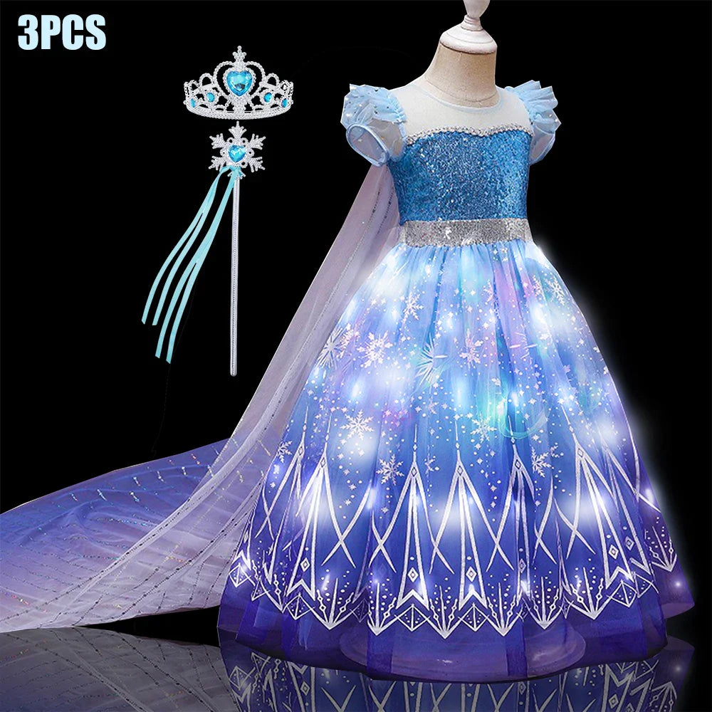 Fantasia Infantil Cosplay Elsa com LED Meninas Aniversário Festa Role Playing Vestido de Princesa com Capa Fantasia de Carnaval Halloween