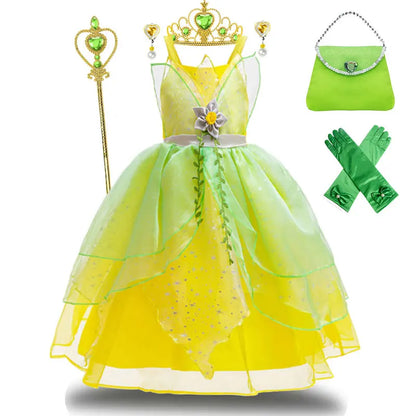 Fairy Tale Princess Costume for Girl Dressy Floral Ball Gown Princess and Frog Cosplay Tiana Halloween Apparel Green Dress 2-10Y