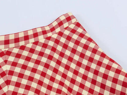 Women's Red Gingham A-Line Midi Skirt – High Waist, Flared Hem, Spring Casual Skirt for Picnic & Outdoor Outings