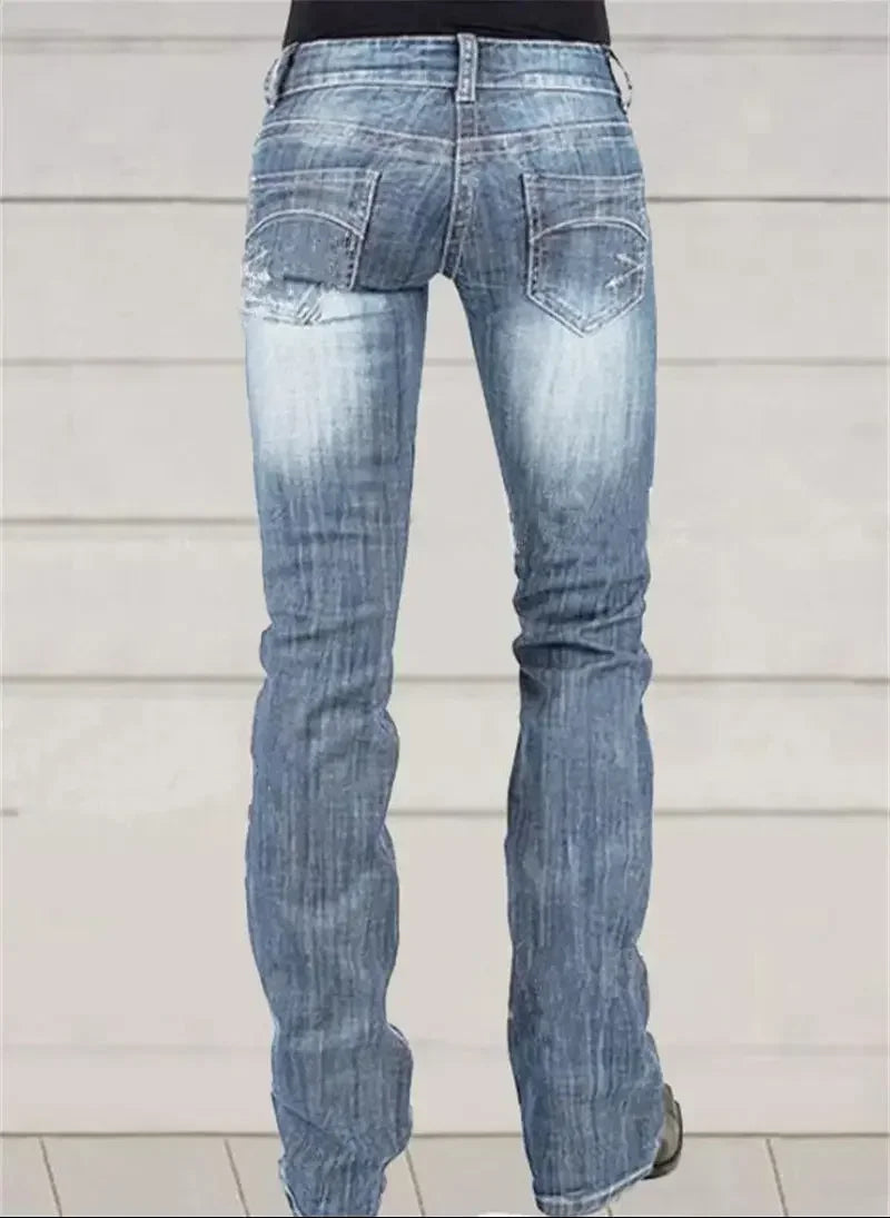 Low-waisted Women Flared Jeans Fashion Vintage Whitish Blue Washable Denim Pants